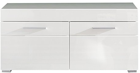 trendteam smart living - Amanda - Sitzbank - Weiß/Weiß Hochglanz - Schuhschrank mit 4 Fächern und 2 Einlegeböden - (BxHxT) 91 x 42 x 38 cm - silberfarbene Griffe