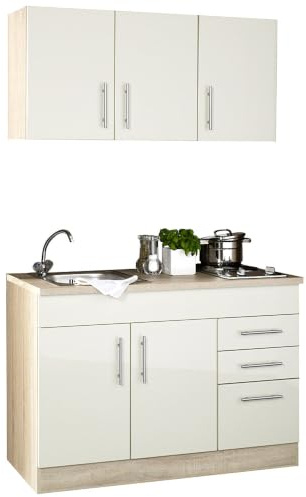 Küchenblock Single-Küche 120cm in Creme Hochglanz inkl. Kochmulde und Spüle