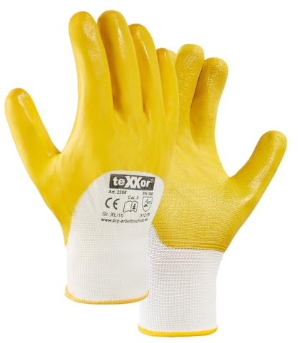 texxor 12 Paar Polyester-Strickhandschuhe 2358, Nitril beschichtet, Packung, weiß-gelb, 10/XL, Nitrilhandschuhe, Strickhandschuhe, Arbeitshandschuhe