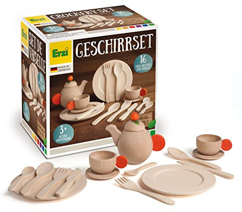 Erzi 10678 Geschirrset Natur aus Holz, Kinderküche, Kaufladenartikel für Kinder, Rollenspiele