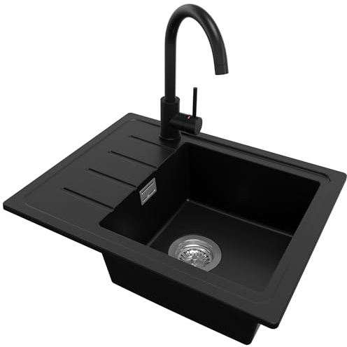 PRIMAGRAN Evier Cuisine en Granit au Meuble 45cm + Robinet, 55x44cm | Set: Robinet BW5010 + Kit de Vidage (Siphon, bonde d’évacuation, trop-plein) + Lavabo 1 Bac - Copenhague Easy, Noir