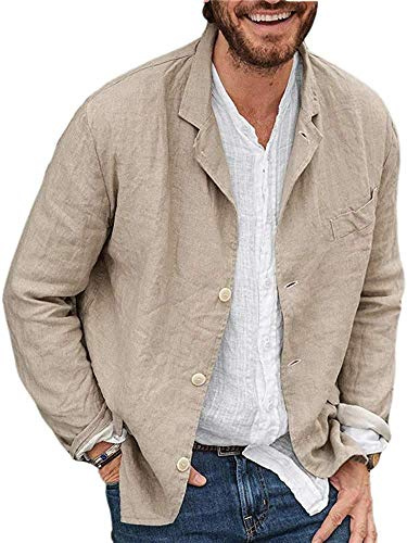 Blazer décontracté à trois boutons en coton et lin pour homme - Couleur unie, kaki, XXXL