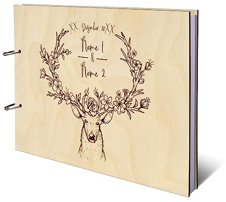 Personalisiertes Hochzeit Gästebuch echtes Holz DIN A4 Hochzeitsbuch mit Lasergravur - Geweih - mit 72 Blatt / 144 Seiten Naturpapier Weiß