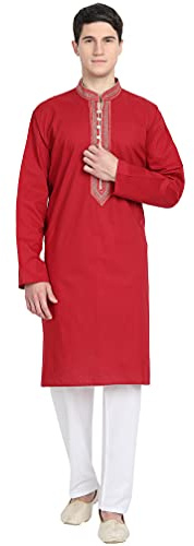 SKAVIJ Uomo Tunica Kurta Pigiama abbigliamento indiano Rosso S