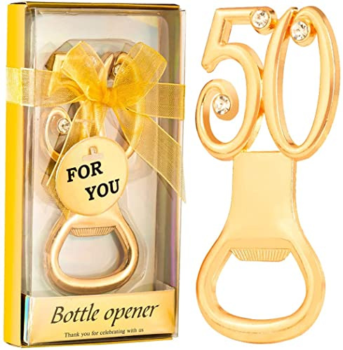 Paquete de 50 abrebotellas dorados para regalos de fiesta de 50 cumpleaños o regalos de fiesta de 50 aniversario de boda, regalos de fiesta de 50 cumpleaños, regalos de recuerdo para invitados