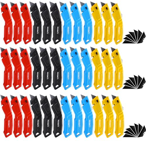 REXBETI 36 Pack Utility Knife Retractable Box Cutter, 4 Color Heavy Duty Aluminum Shell Knife Sets with Extra 30pc SK2 Blades for Cartons, Cardboard and Boxes