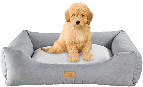Tagträumer Hundebett Joy, waschbar, grau, 90 × 75 × 22 cm, kuschelig für große Hunde, ergonomisches Hundesofa, Bezugoberseite mit kuschligem Kurzflor