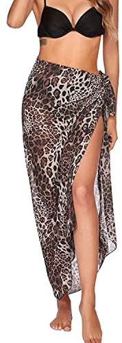LAEMILIA Damen Sarong Pareo Chiffon Strand Wrap Sommer einfarbig Strandkleid lang Wickelrock Vertuschung Bademode Cover UpsBikini Wrap Leopard OneSize