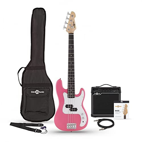 Gear4music 3/4 Größe Bassgitarre für Kinder mit Verstärker-Paket, rosa | Für jüngere Spieler von 8-12 Jahren, auffälliges pinkes Finish, nachhaltige Hölzer für druckvollen definierten Ton