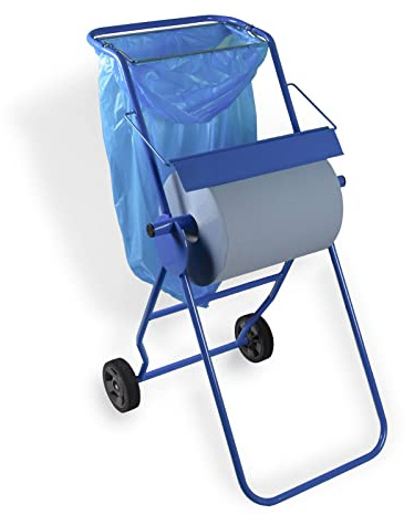 Bodenständer mit Müllsackhalterung für Putztuchrollen | für Industrierolle bis 40 cm Breite | Fahrbarer Putzrollenhalter für Werkstatt, Industrie, Garage und Handwerksbetrieb