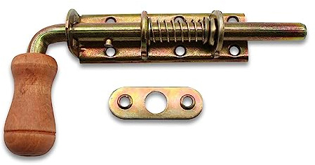 DOJA Barcelona | Federriegel Holz | Goldener Federriegel 195x95x50mm | verzinkt mit Holzgriff | Türriegel für Garagentor schloss, Schiebeschloss mit Riegel, Torriegel, Verriegelung Gartentor