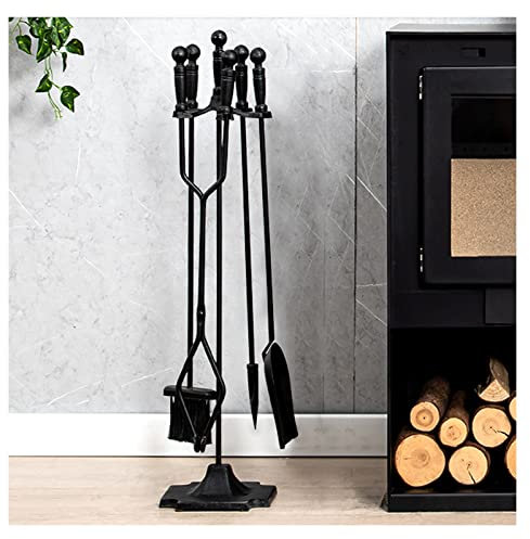 AVFORA 5-teiliges Kaminbesteck-Set, 30,7 Zoll hohes Ofenzubehör for den Innenbereich, Feuerzange/Ascheschaufel/Schürhaken/Besen aus schwarzem Schmiedeeisen, mit ergonomischem Griff