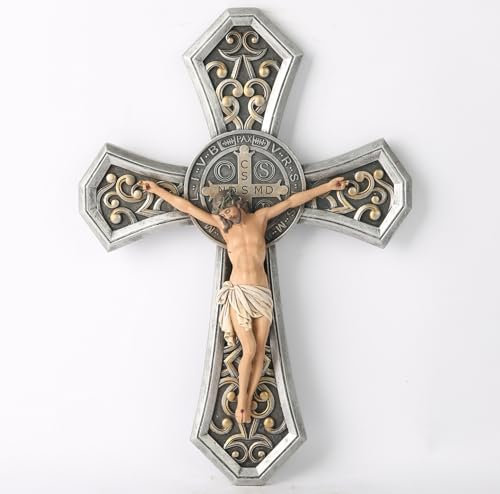 Buildclassic BC Katholische Medaille St. Benedikt Kruzifixkreuz, Metallic-Finish, Kruzifix, Wandkreuz, katholische Geschenke für Männer, religiöse, moderne Heimdekoration, handbemalt in Metall-Silber