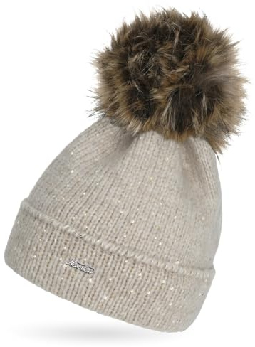 Neverless® Damen Strick-Mütze mit Fellbommel und Innenfutter Fleece Kunstfell Bommelmütze Glitzer-Effekt Umschlag