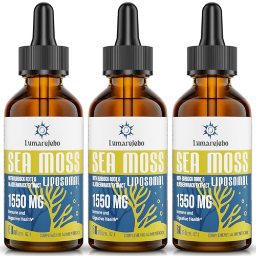 Lumarejebo Liposomal Irish Sea Moss Drops 1550 mg, Avec Extrait de Racine de Bardane et de Fucus, 4 Fois Plus Fort que les Pilules et Les Gels, Suppléments Naturels de Vitamines, 60 ml (Lot de 3)