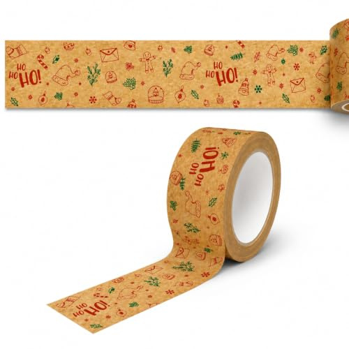 BUDMAT Klebeband Weihnachten Packband Frohe Weihnachtsklebeband aus Papier 50mm/40m 1 Rolle