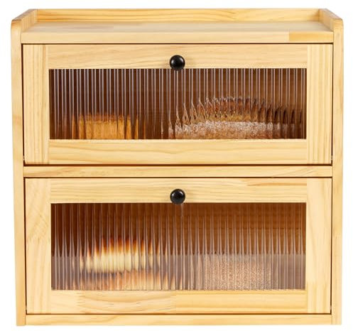 GUUSII HOME Portapane Legno Moderno Contenitore Pane Vintage Extra Grande Frutta da Cucina Torta in Cassetta Contenitore per Caffè da Tavola Doppio Strato 36*24*34cm con Porta in Acrilico (Giallo, L)