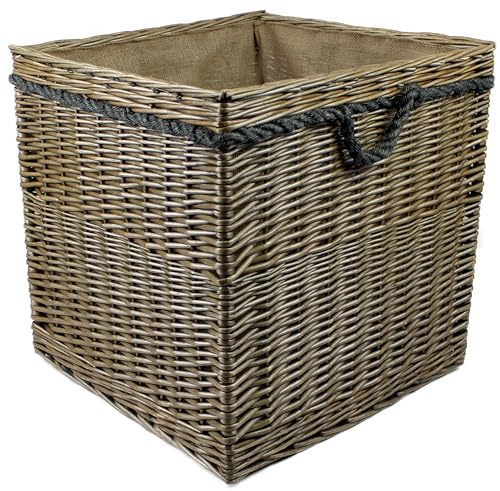 Range of large Antique grey Wicker log baskets. Rope handles. Wood & kindling storage for fireplace. Or shoes toys washing clothes bin (125 litres, Square)
