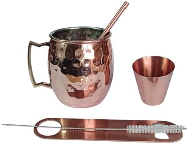 Ajuny Moscow Mule Becher, verkupfert Innenfutter aus Edelstahl 4er-Set für Bier Cocktail Wasser Trinkgeschirr Kupferbecher, 450 ml mit Strohhalmen, Messbecher, Flaschenöffner und Strohhalmbürste