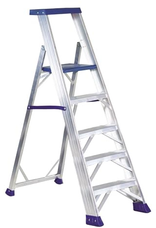 Svelt Scaletta Sgabello a gradini in Alluminio (5 Gradini) | con Guarda-Corpo, Piattaforma Maggiorata e Piedini Antiscivolo, Portata 150kg
