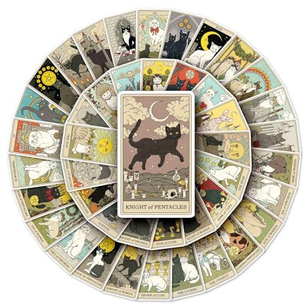Litinliv Cat Tarot Stickers, 78pcs Waterproof PVC Tarot Card Stickers, Multicolour Cartoon Style, Reusable for Water Bottles, Laptop, Skateboard, Phone