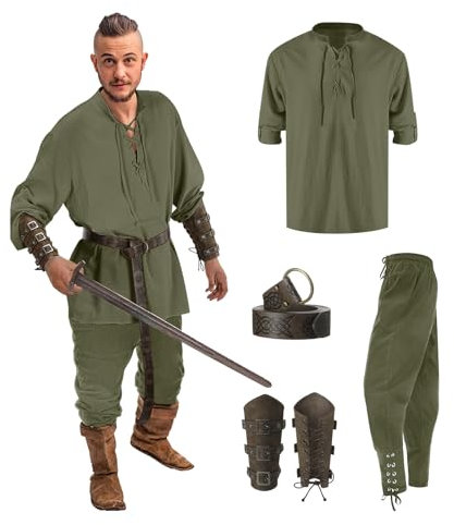Mymyguoe Mittelalter Kleidung Herren Set 5 Stück Renaissance Kostüm Set Leinenhemd Viking Kostüm Schnürhemd Piratenhemd, Mittelalter Hose mit Knöchelriemen, Gürtel, Handgelenkschützer Zubehör