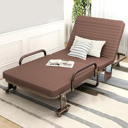 Faltbares Campingbett für Erwachsene, Strapazierfähiges Schlafbett mit Tragetasche, Tragbares Reisebett für zu Hause mit Armlehnen und Seitlichen Organizer-Taschen, 6-Gang-Einstellung(Brown,192x80x30c