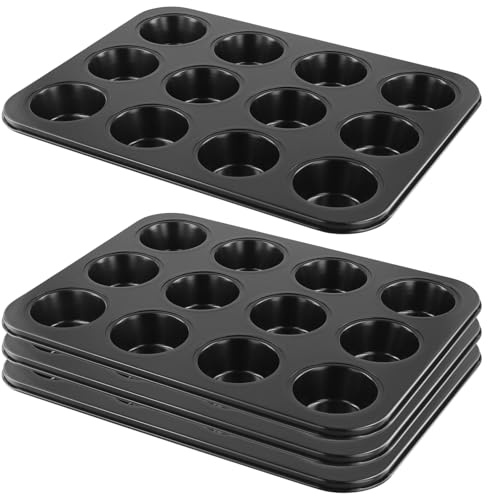 TAICHEUT 4 PCS 12 Cup Muffin Pudding Trays, Black Muffin Tin Pan for Baking Cupcake, 35.2 x 26.5cm