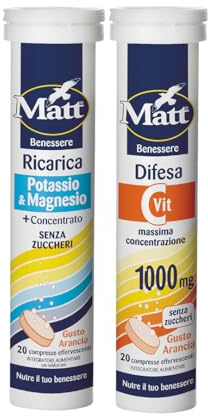 Matt, Ricarica Potassio & Magnesio e Vitamina C Difesa, 2 Confezioni da 20 Compresse Gusto Arancia, Integratori Alimentari Ideali per Ridurre Stanchezza e Affaticamento