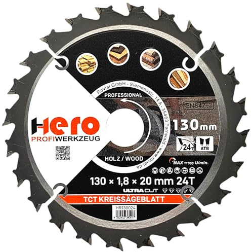 HERO Kreissägeblatt Hartmetall Sägeblatt TCT Ersatzsägeblatt Sägeblätter Kreissäge Holz/ALU Kreissägeblätter Tischkreissäge, Kappsäge (Für Holz/Holzwerkstoffe, Ø 130 x 20/16mm, 24T)
