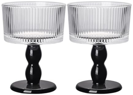 Boxonly Black Striped Glass Goblet - 200ml Retro Handcrafted Highball Glass with Textured Design, Black Stem, Perfect for Weddings, Champagne, and Elegant Dinners