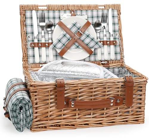 Weiden-Picknickkorb-Set für 2 Personen mit wasserdichter Picknickdecke und großem isoliertem Kühlfach, Weiden-Picknickkorb mit Besteck-Service-Kits für Camping, Hochzeit (Grün)