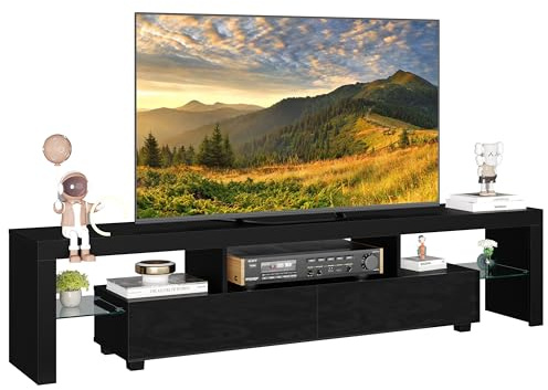 Panana 160cm LED Lights TV Cabinet Unit Modern High Gloss Front TV Stand with 2 Drawers Media Storage and Glass Shelves for TVs up to 70inch Living Room (Black)