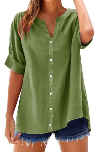 Chemise Lin Femme Manches Courtes Chic et Élégant Coton Lin T-Shirt Col en V Chemisier Tunique Tops avec Boutons Casual Grande Taille d'été Basique Shirt Couleur Unie LâChe Respirant Blouse