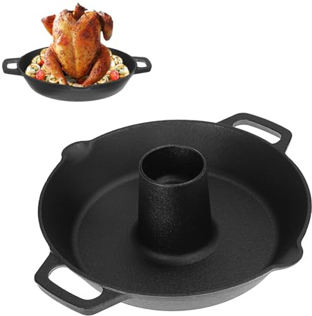 SUMNACON 1pc Cast Iron Beer Chicken Roaster Pan with Handles, Black | Heavy Duty Stove Grill Chicken Holder Oven Roaster Plate Pre-Seasoned Meat Roaster with Partition Slot for Kitchen