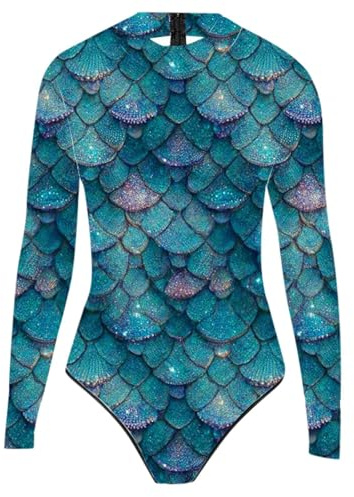 Meerjungfrau Kostüm Damen Oberteil,Meerjungfrau Badeanzug,Leggings Meerjungfrau Damen,Langarm Meerjungfrauen Body,Bademode Schwimmanzug für Fasching Karneval