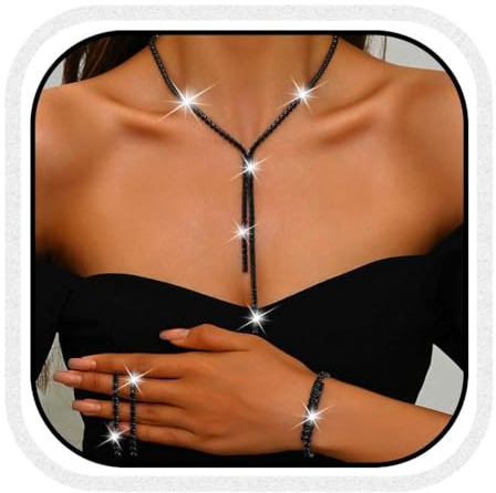 Reaky Brautschmuck-Set, silberne Strass-Ohrringe und Halskette, funkelnde Hochzeits-Halsketten-Sets, Abschlussball-Schmuck für Frauen (3er-Pack) (Schwarz)