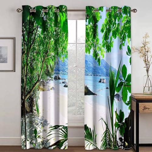 Gardinen Modernes Design, 96x214cm Grün Strand Meer Landschaft Thermovorhang Kälteschutz Blickdicht, Schallschutz Vorhang Schlafzimmer