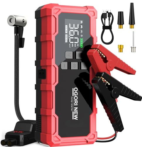 OGORI NEW Booster Batterie Voiture 6000A, Démarreur de Voiture(8.0L Diesel/10.0L Gaz) avec Gonfleur,12V Jump Starter avec Port de Charge USB,lumière LED,Pince Intelligente avec Écran