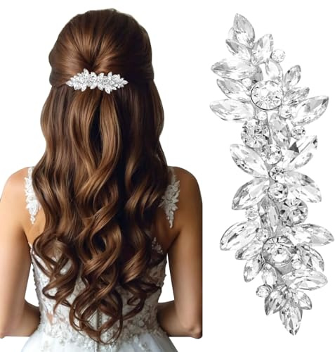 LunarCharm Diamanté Hair Clips, Silver Bridal Hair Accessories for Women, Sparkling Crystal Hair Pins, Chic Flower Hair Clips for Wedding, Bride, Long Hair