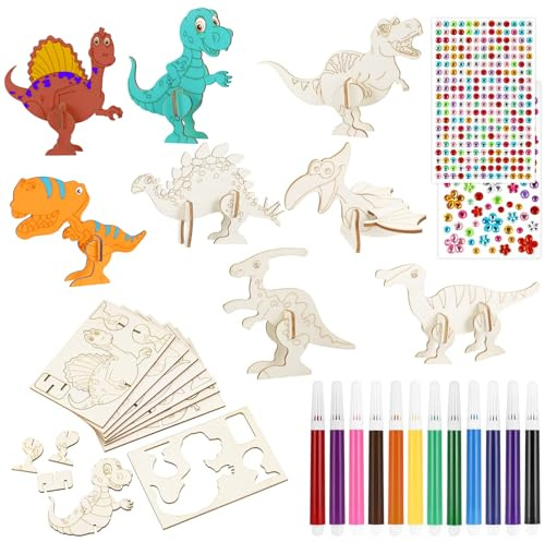 Zocipro 16 Piezas Manualidades Kits de Dinosaurios de Madera, Manualidades para Pintar Regalo Cumpleaños DIY Juguetes Creativos