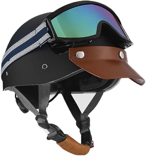 Casco Moto Jet Vintage Omologato DOT/ECE, Mezzo Casco Moto Casco A Scodella Con Occhiali Da Aviatore, Caschi Scooter Caschi Street Cruiser Caschi Jet Per Donna E Uomo Adulto 1,54-62CM