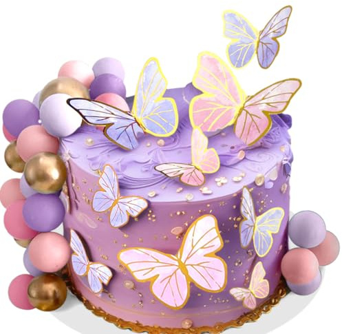 47PCS Purple Pink Butterfly Cake Decorations With Purple Pink Gold Balls | for Baby Shower Wedding Birthday Bridal Shower Party Decor