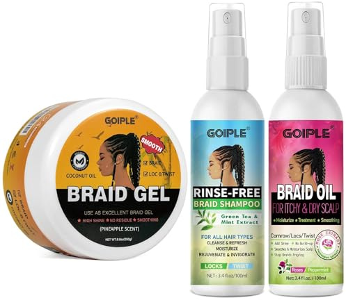 Coffret Gel Cheveux Bouclés avec Shampoing Tressé et Huile Spray – Lissant pour Twists, Locs, Tresses, Cornrows et Contrôle des Bords – Gel Cheveux Afro Kit Soin Coiffant Tressé Facile à Utiliser