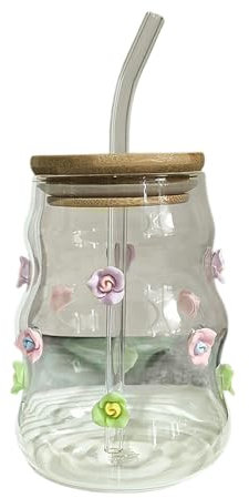 Jenngaoo Tasse en Verre en Forme de Vague, Bulles Tasses à Boire Des Tas de Verre D'ondulation Verres Créatifs Verres de Café Glacé avec Couvercle et Paille pour Bois de Bois (rose)