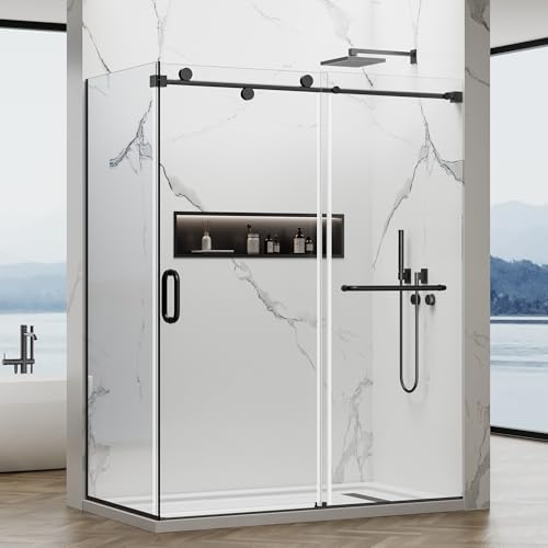 YTSAHSTT 56~60x76 in Frameless Sliding Shower Door with 32x76 in Side Panel, Nano Glass, 304 Stainless Steel in Matte Black, L-Shape Design, O Handle, Reversible Install