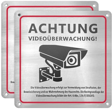 Skythrive Schild Videoüberwachung 2 Stück 15x15cm Aluminium Achtung Videoüberwachung Schilds für Privatgrundstück Kameraüberwachung oder Kamera Attrappe