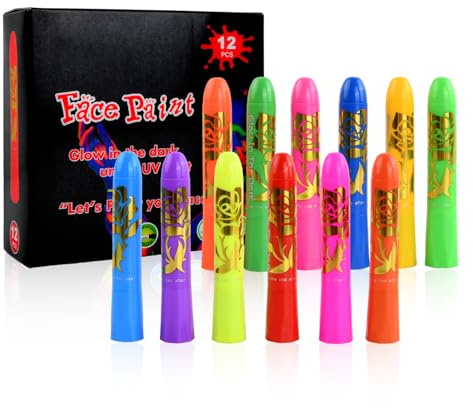 Pintura Fluorescente para Cara y Cuerpo, Kit de 12 Ceras de Neón UV Lavables, No Tóxicas Maquillaje Brillante en la Oscuridad, Para Halloween, Fiestas de Disfraces, Festival y Mardi Gras