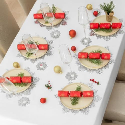 Marco Paul Extra Large Silver Placemats And Coasters Set 12pc - Anti Slip Round Woven Place Mats for Table - Christmas Placemats - Heat Resistant Christmas Table Mats for Kitchen Dining Tables