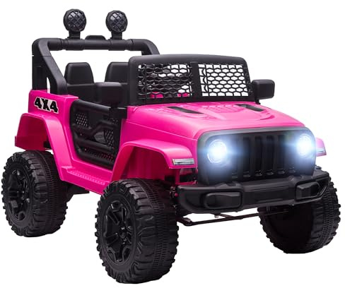 HOMCOM Coche Eléctrico para Niños 12V, Vehículo Todoterreno de Batería con 2 Motores, Control Remoto 2,4G, Velocidad hasta 5 km/h, Sistema de Suspensión, Faros, para Niños de +3 Años, Rosa